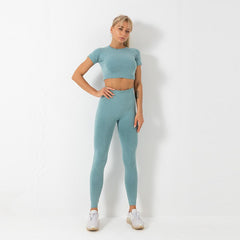 Yoga Gym Suit Seamless Tracksuit For Women Fashion Push Up Workout Running Fitness Suit Short Sleeve Crop Top Leggings Sports | Vimost Shop.