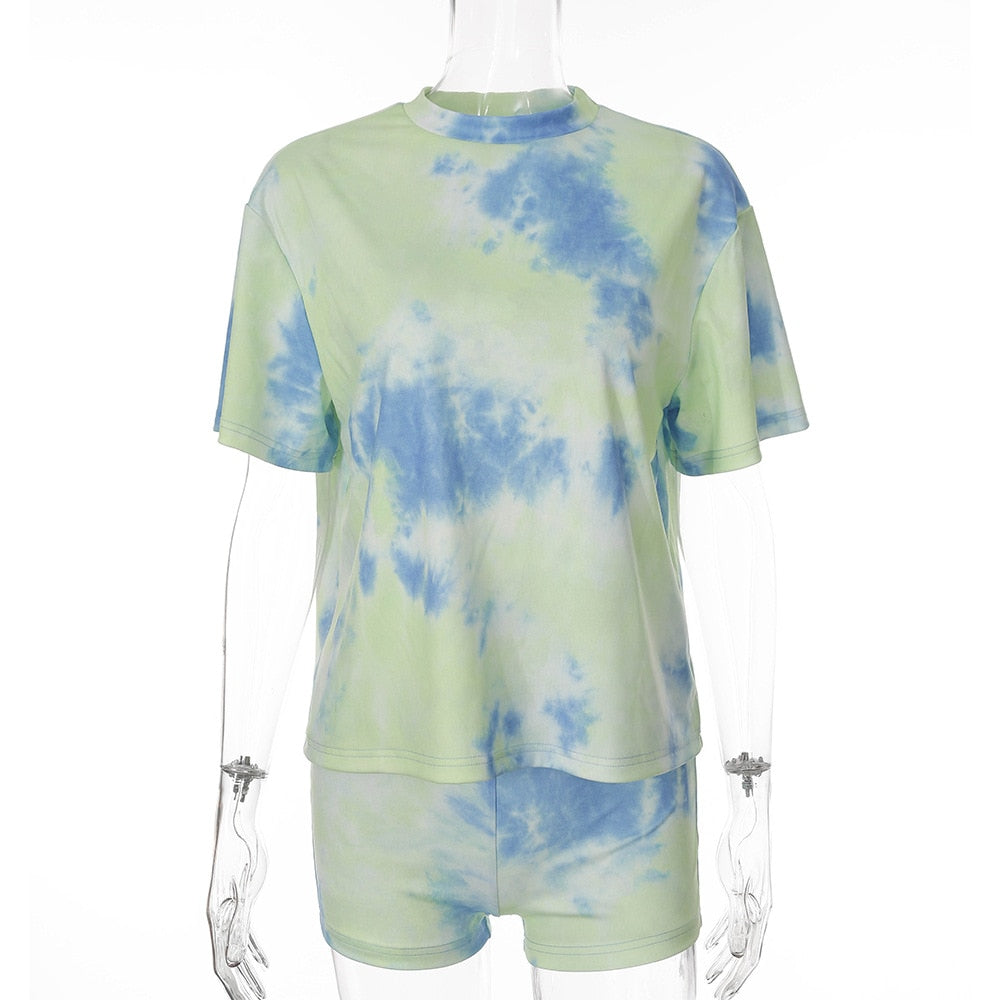 Tie Dye Print Casual Gym Sports Two Piece Set Fashion Workout Fitness Running Tracksuit Women Short Sleeve T Shirt Shorts Suit | Vimost Shop.