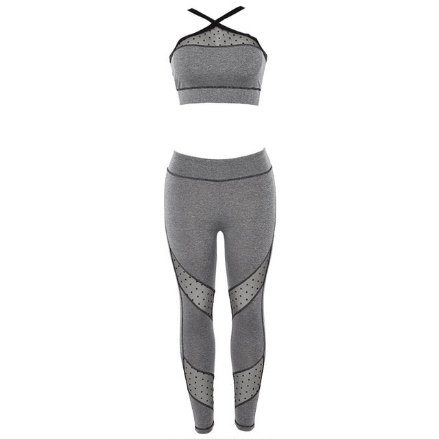 Seamless Yoga Two Piece Set Fashion Sheer Mesh Patchwork Bra Top Leggings Sports Fitness Suit Running Energy Workout Tracksuit | Vimost Shop.