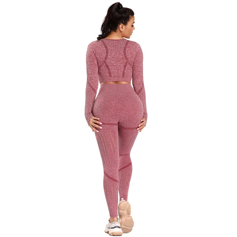 Solid Yoga Suit Seamless Dry Quick Breathable Tracksuit Long Sleeve Leggings Two Piece Set Fashion Workout Gym Fitness Sport Set | Vimost Shop.