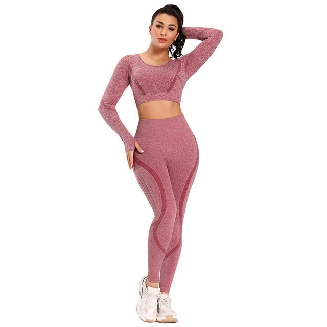 Solid Yoga Suit Seamless Dry Quick Breathable Tracksuit Long Sleeve Leggings Two Piece Set Fashion Workout Gym Fitness Sport Set | Vimost Shop.