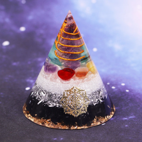 Orgonite Pyramid Amethystine Point In Gold Circle With Colourful Stone And Obsidian Natural Crystal Emf Protection Orgone Energy | Vimost Shop.