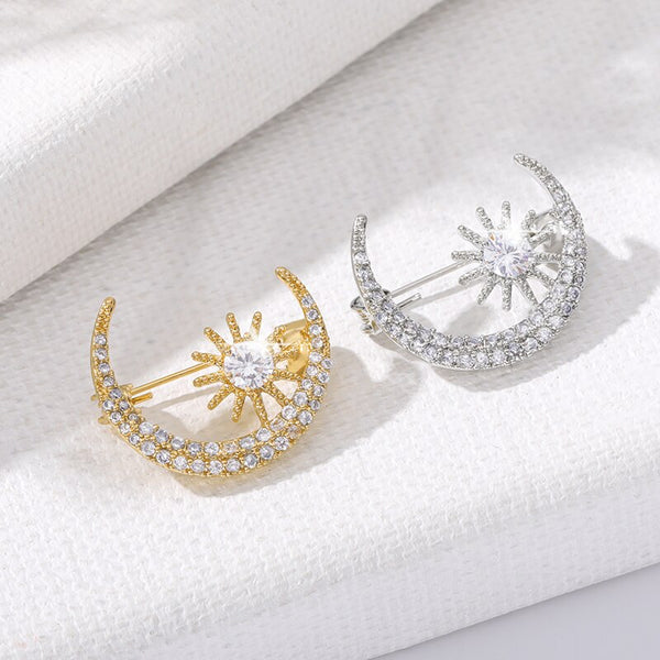 Gold CZ Zircon Daintiness Sun Moon brooch Crystal Exquisiteness the Sunshine moon Pin Accessories broche for Women Men Jewelry | Vimost Shop.