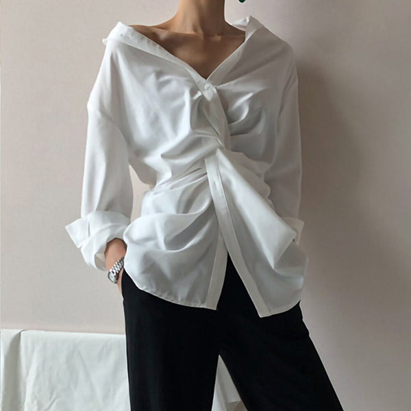 New Cross Design Irregular Loose V-neck Shirt Female Fashion Temperament Top With Clavicle Streetwear | Vimost Shop.