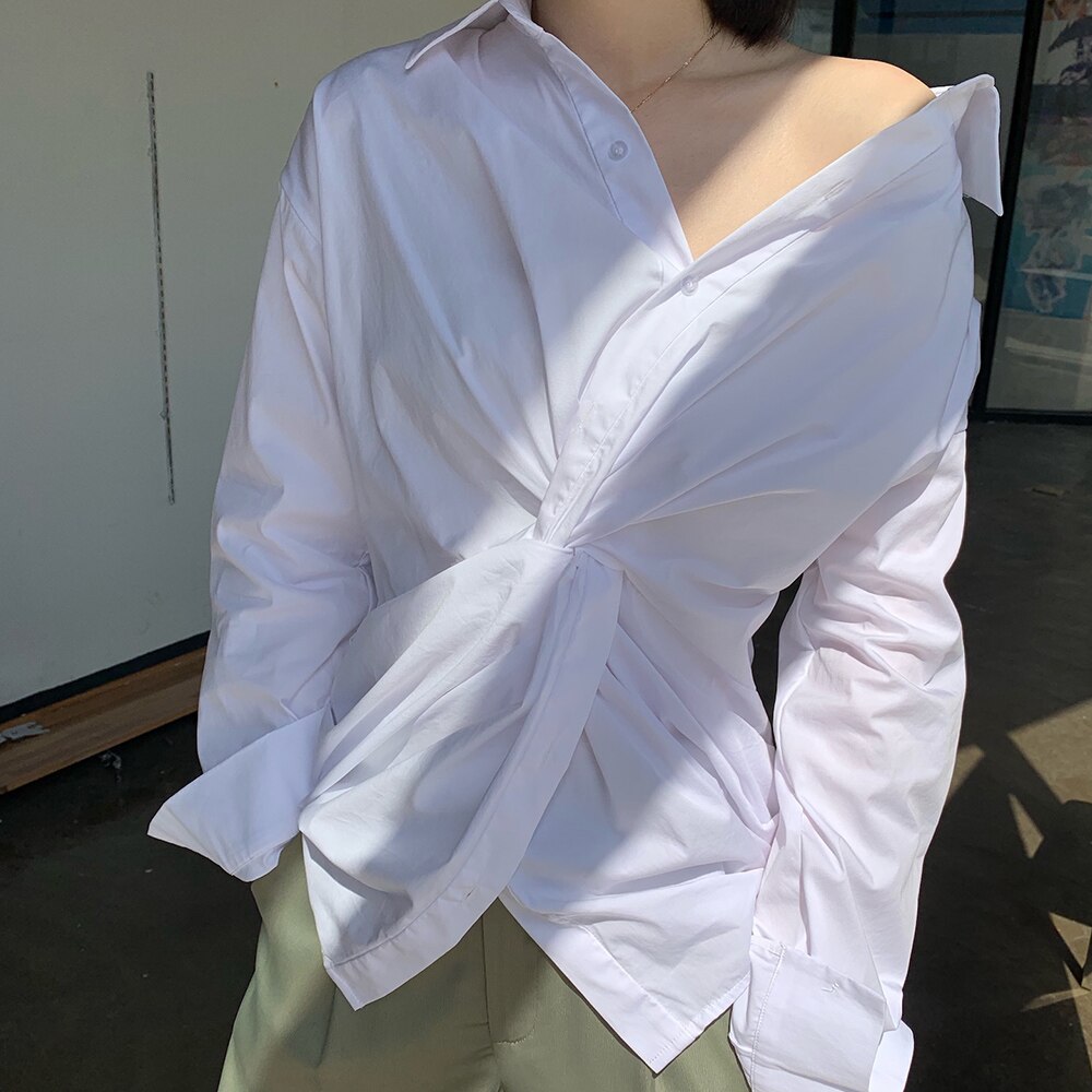 New Cross Design Irregular Loose V-neck Shirt Female Fashion Temperament Top With Clavicle Streetwear | Vimost Shop.