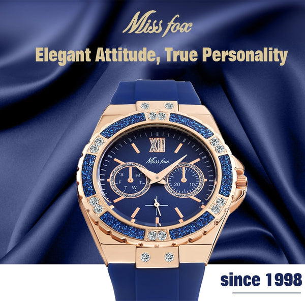 Women's Watches Chronograph Rose Gold Sport Watch Ladies Diamond Blue Rubber Band Xfcs Analog Female Quartz Wristwatch | Vimost Shop.