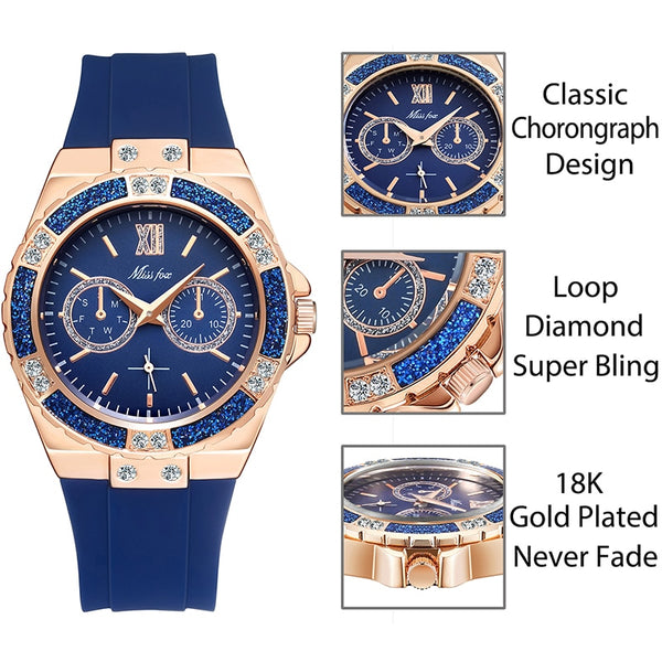 Women's Watches Chronograph Rose Gold Sport Watch Ladies Diamond Blue Rubber Band Xfcs Analog Female Quartz Wristwatch | Vimost Shop.