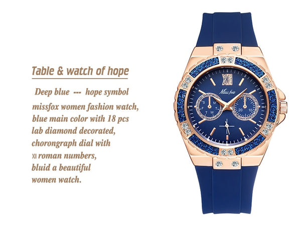 Women's Watches Chronograph Rose Gold Sport Watch Ladies Diamond Blue Rubber Band Xfcs Analog Female Quartz Wristwatch | Vimost Shop.