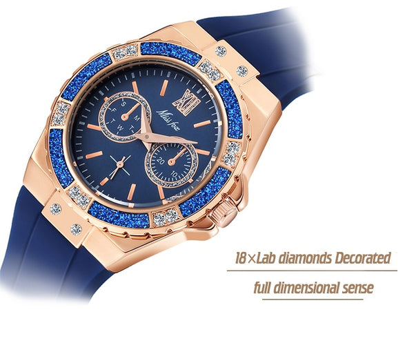 Women's Watches Chronograph Rose Gold Sport Watch Ladies Diamond Blue Rubber Band Xfcs Analog Female Quartz Wristwatch | Vimost Shop.