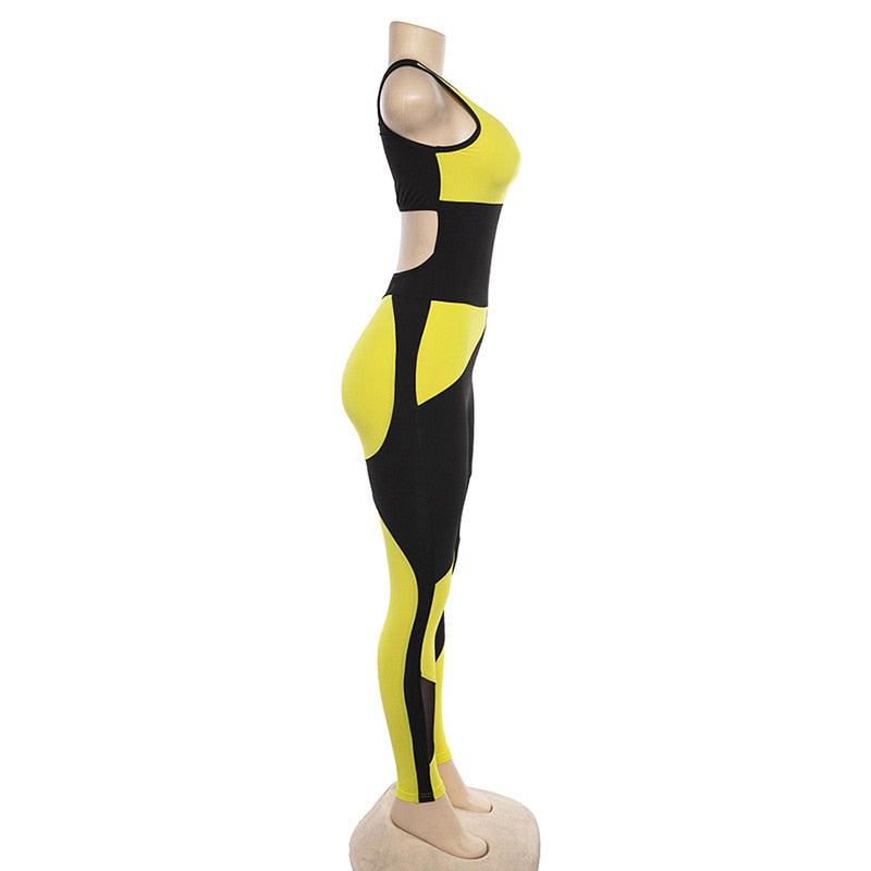 Yellow Black Women Sexy Fitness Yoga Suit Mesh Patchwork Backless Sports Jumpsuit Gym Training Clothes Female One-piece Sets | Vimost Shop.
