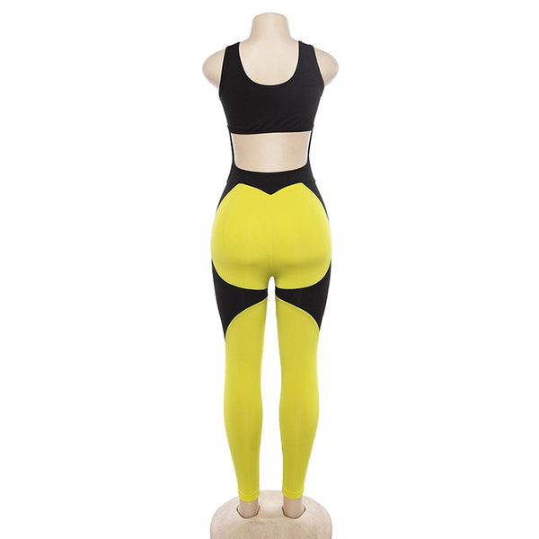 Yellow Black Women Sexy Fitness Yoga Suit Mesh Patchwork Backless Sports Jumpsuit Gym Training Clothes Female One-piece Sets | Vimost Shop.