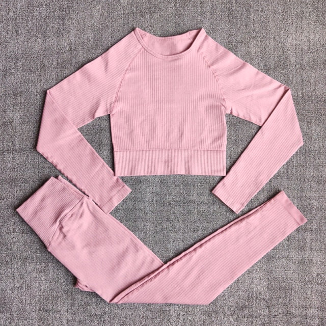 Women's Sportswear Yoga Sets Ribbed Seamless Long Sleeve Workout Clothes for Women High Waist Sports Legging Long Sleeve Top