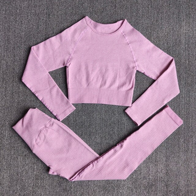 Women's Sportswear Yoga Sets Ribbed Seamless Long Sleeve Workout Clothes for Women High Waist Sports Legging Long Sleeve Top