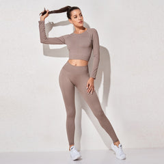 Women&#39;s Sportswear Yoga Sets Ribbed Seamless Long Sleeve Workout Clothes for Women High Waist Sports Legging Long Sleeve Top