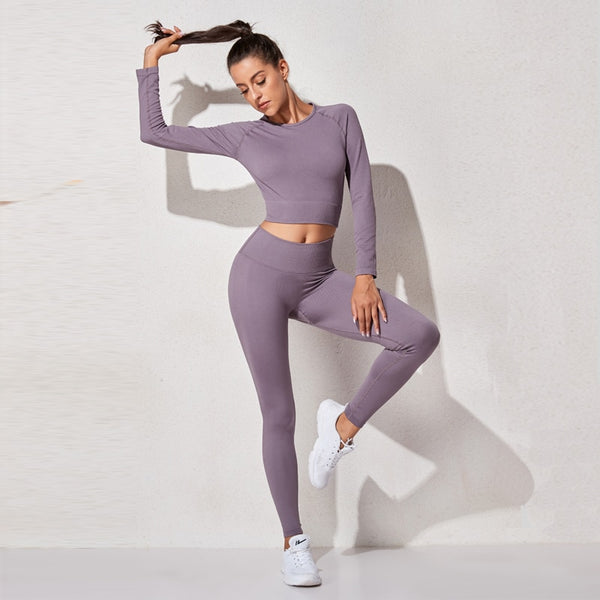 Women's Sportswear Yoga Sets Ribbed Seamless Long Sleeve Workout Clothes for Women High Waist Sports Legging Long Sleeve Top