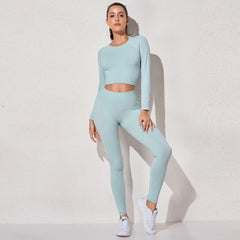 Women&#39;s Sportswear Yoga Sets Ribbed Seamless Long Sleeve Workout Clothes for Women High Waist Sports Legging Long Sleeve Top