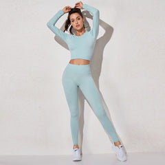 Women&#39;s Sportswear Yoga Sets Ribbed Seamless Long Sleeve Workout Clothes for Women High Waist Sports Legging Long Sleeve Top