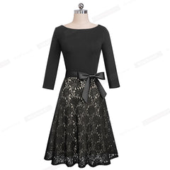 Retro Vintage Lace Patchwork with Sash Dresses Cocktail Party Flared Women Dress | Vimost Shop.