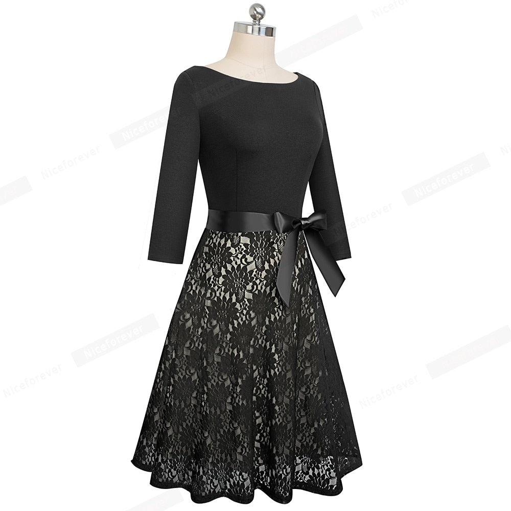 Retro Vintage Lace Patchwork with Sash Dresses Cocktail Party Flared Women Dress | Vimost Shop.