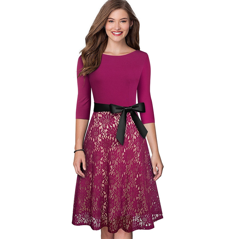 Retro Vintage Lace Patchwork with Sash Dresses Cocktail Party Flared Women Dress | Vimost Shop.