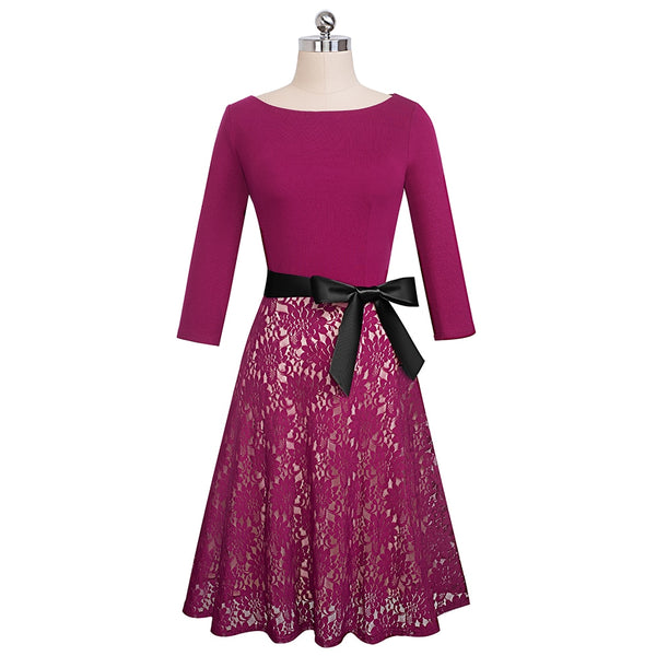 Retro Vintage Lace Patchwork with Sash Dresses Cocktail Party Flared Women Dress | Vimost Shop.