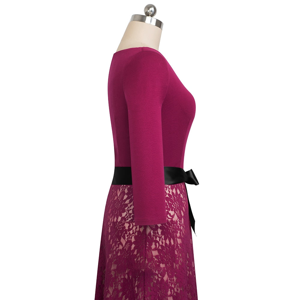 Retro Vintage Lace Patchwork with Sash Dresses Cocktail Party Flared Women Dress | Vimost Shop.