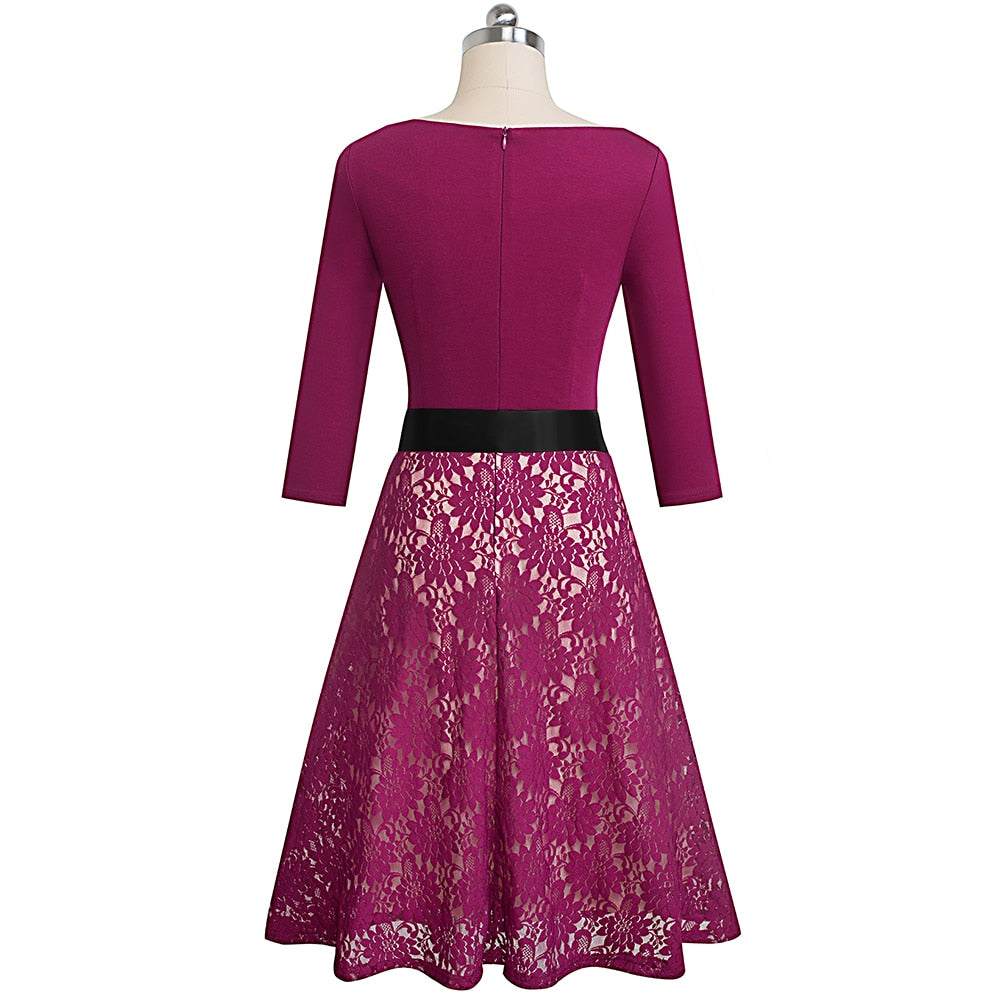 Retro Vintage Lace Patchwork with Sash Dresses Cocktail Party Flared Women Dress | Vimost Shop.