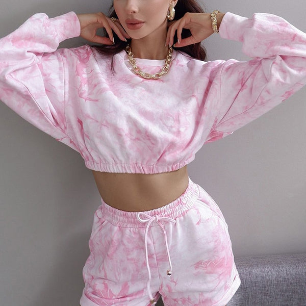 Autumn Tie Dye Sports Two Piece Set Fitness Clothes For Women Long Sleeve Crop Top Loose Shorts Fashion Gym Workout Running Set | Vimost Shop.