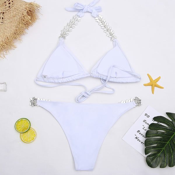 Halter Diamond Bikini Set White Two-Piece Swimsuits Brazilian Bikinis Elegant Fashion Lady Swimming Suit for Women 2020 | Vimost Shop.