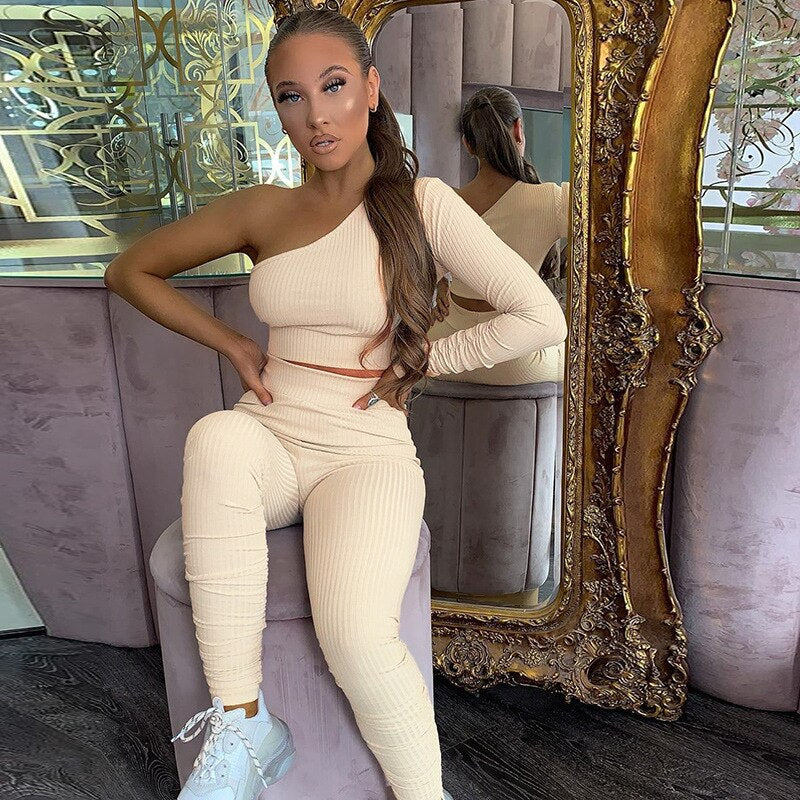 Seamless Ribbing Yoga Set Sportswear Tracksuit Fashion One Shoulder Top Leggings Pants Fitness Suit Running Energy Workout Suit | Vimost Shop.