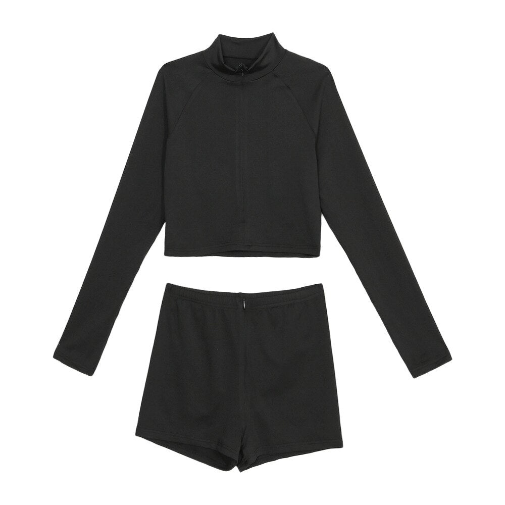 Seamless Black Yoga Set Women Gym Clothes Fashion Long Sleeve Zipper Crop Top Shorts Suit Push Up Workout Training Tracksuit | Vimost Shop.