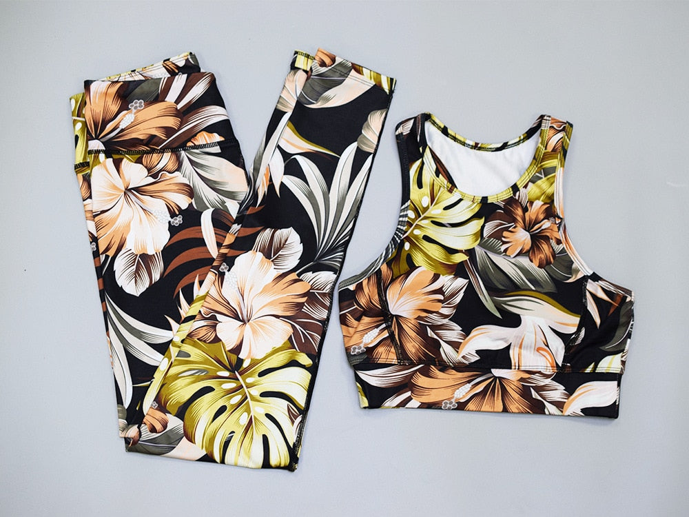 Seamless Floral Print Sports Yoga Set Gym Fitness Tracksuit Fashion Top Leggings Suit Jogging Workout Training Dance Clothing | Vimost Shop.