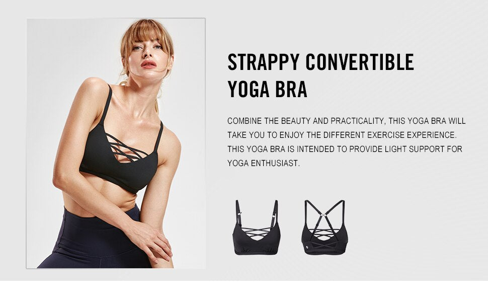 Women's Light Support Strappy Wirefree Removable Pads Convertible Yoga Sports Bra