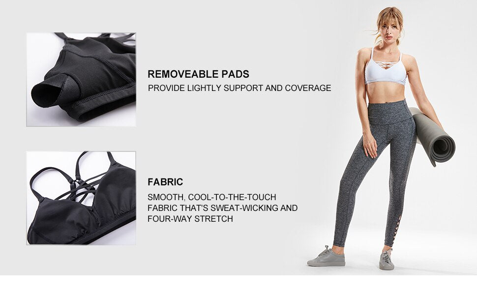 Women's Light Support Strappy Wirefree Removable Pads Convertible Yoga Sports Bra