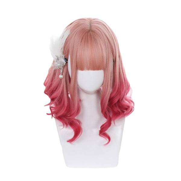 Gradient Pink Lolita Wigs Medium Loose Wave Sweet Harajuku Japanese Cosplay Wig Heat Resistant Synthetic Hair | Vimost Shop.