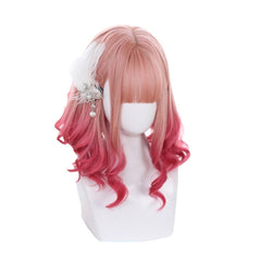 Gradient Pink Lolita Wigs Medium Loose Wave Sweet Harajuku Japanese Cosplay Wig Heat Resistant Synthetic Hair