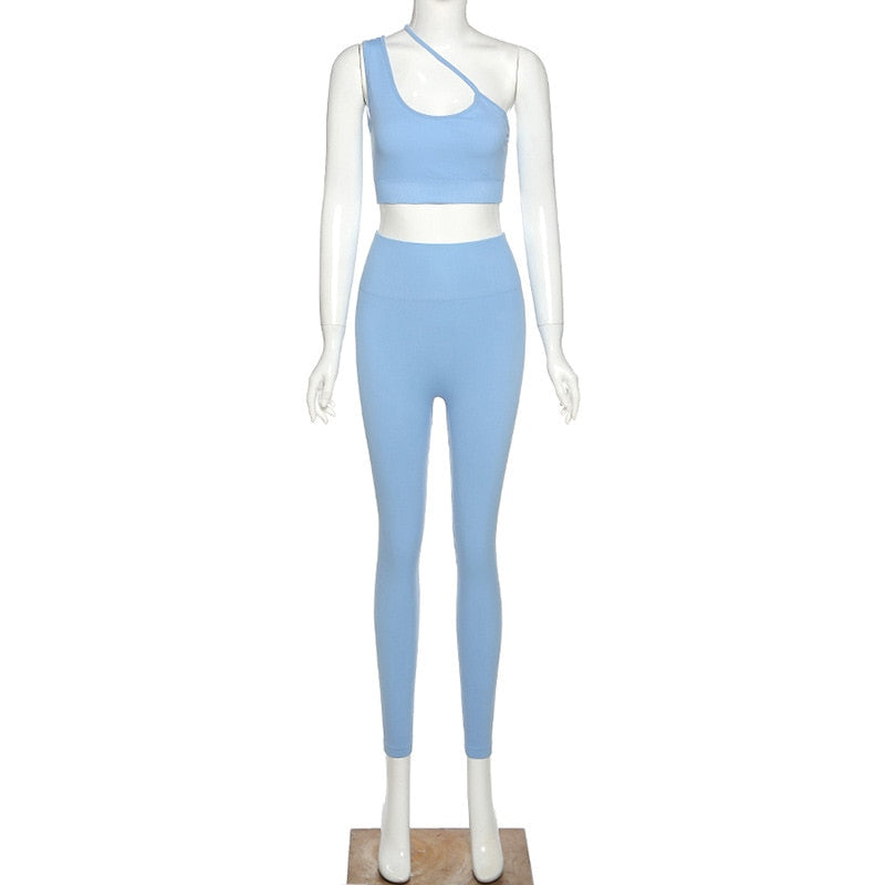 Seamless Solid Yoga Set Women Gym Clothes One Shoulder Crop Top Legging Sexy Fitness Sportswear Suit Running Workout Tracksuit | Vimost Shop.