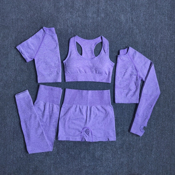 5pcs Women Workout Seamless Yoga Set Fitness Short Sleeve Long Crop Top Shirts Running Leggings Gym Clothes