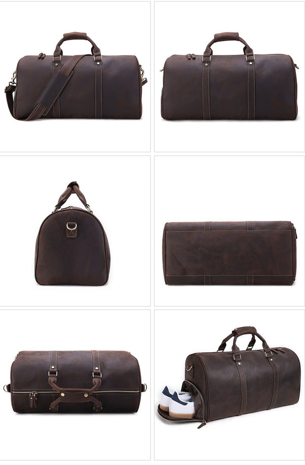 Genuine Leather Large Duffel Bag Business Men's Travel Bag Crazy Horse Leather Retro Travel Bag Male Weekend Duffel Bag | Vimost Shop.