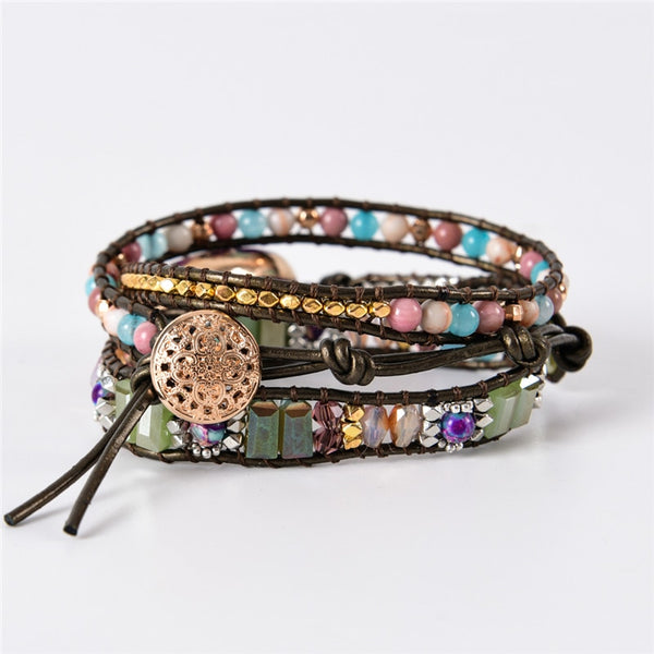 Leather Wrap Bracelet W/ Stones Multi Color Natural Beads Crystal Weaving Statement Art Bracelet Gifts | Vimost Shop.