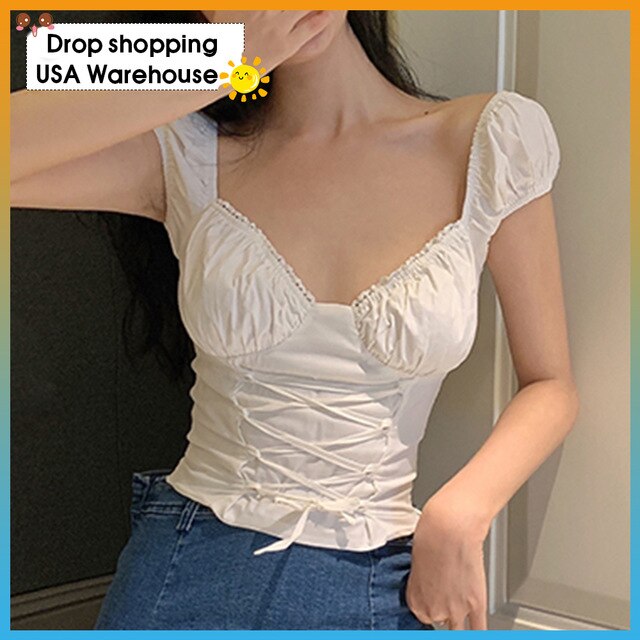 Square collar short-sleeved top lace-trimmed casual short shirt retro French palace strappy corset White puff sleeve ladies | Vimost Shop.
