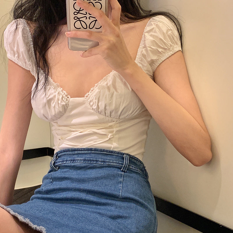 Square collar short-sleeved top lace-trimmed casual short shirt retro French palace strappy corset White puff sleeve ladies | Vimost Shop.