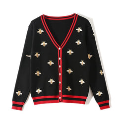 High Quality Fashion Designer Bee Embroidery Cardigan Long Sleeve Single Breasted Contrast Color Button Knitted Sweaters