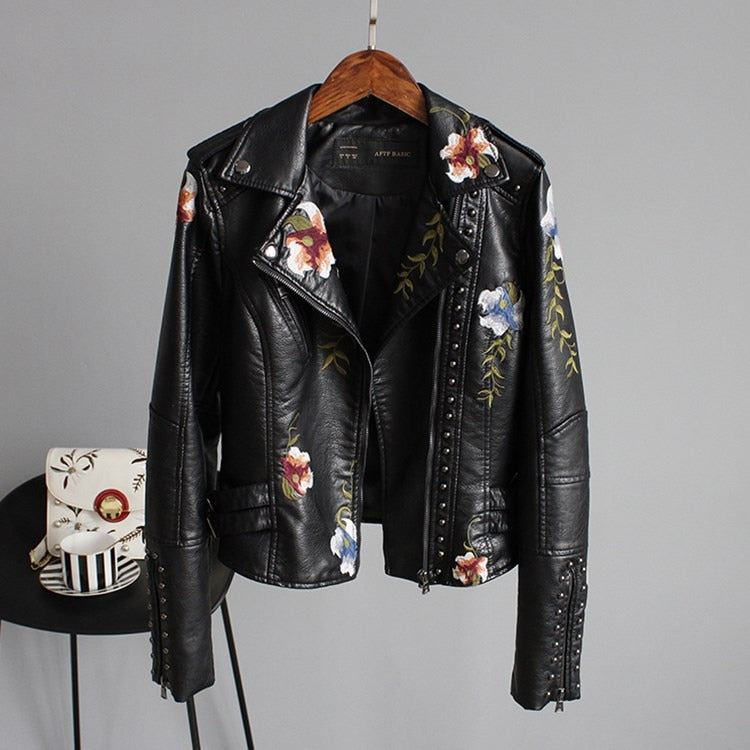 Women Floral Print Embroidery Faux Soft Leather Jacket Coat  Turn-down Collar Casual Pu Motorcycle Black Punk Outerwear | Vimost Shop.