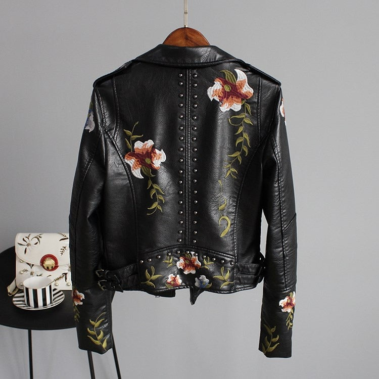 Women Floral Print Embroidery Faux Soft Leather Jacket Coat  Turn-down Collar Casual Pu Motorcycle Black Punk Outerwear | Vimost Shop.