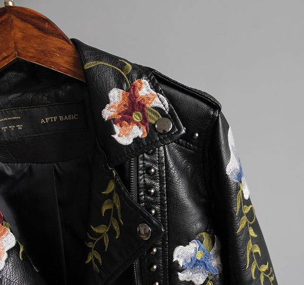 Women Floral Print Embroidery Faux Soft Leather Jacket Coat  Turn-down Collar Casual Pu Motorcycle Black Punk Outerwear | Vimost Shop.