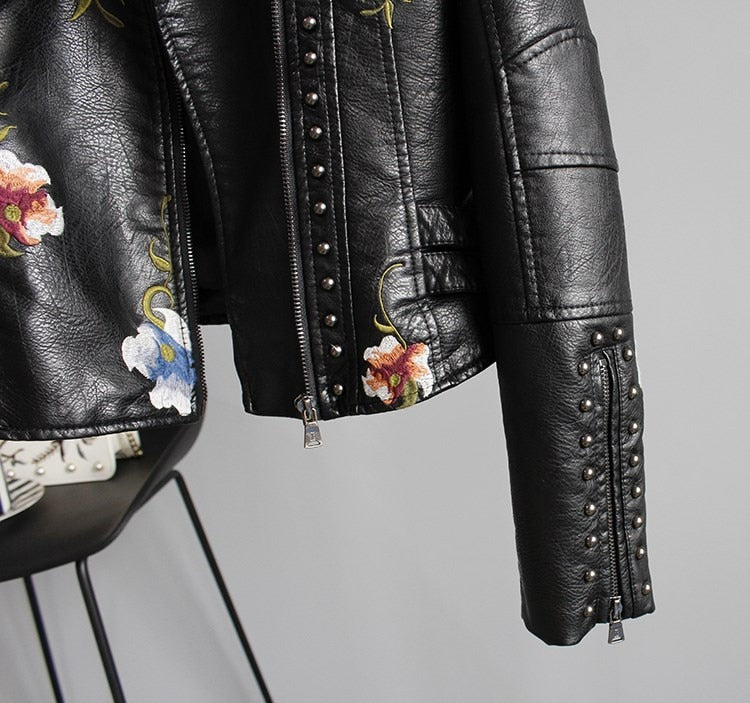 Women Floral Print Embroidery Faux Soft Leather Jacket Coat  Turn-down Collar Casual Pu Motorcycle Black Punk Outerwear | Vimost Shop.