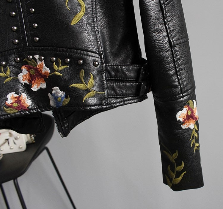 Women Floral Print Embroidery Faux Soft Leather Jacket Coat  Turn-down Collar Casual Pu Motorcycle Black Punk Outerwear | Vimost Shop.