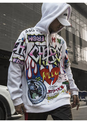 Men Fake 2 Pieces Hoodies For Men Letter Graffiti Harajuku High Street Style Oversize Hip Hop Fleece Couple Sweatshirt