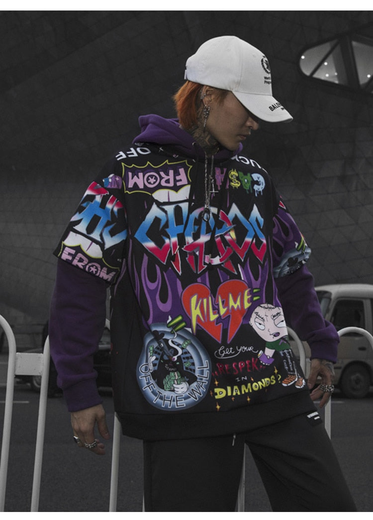 Men Fake 2 Pieces Hoodies For Men Letter Graffiti Harajuku High Street Style Oversize Hip Hop Fleece Couple Sweatshirt